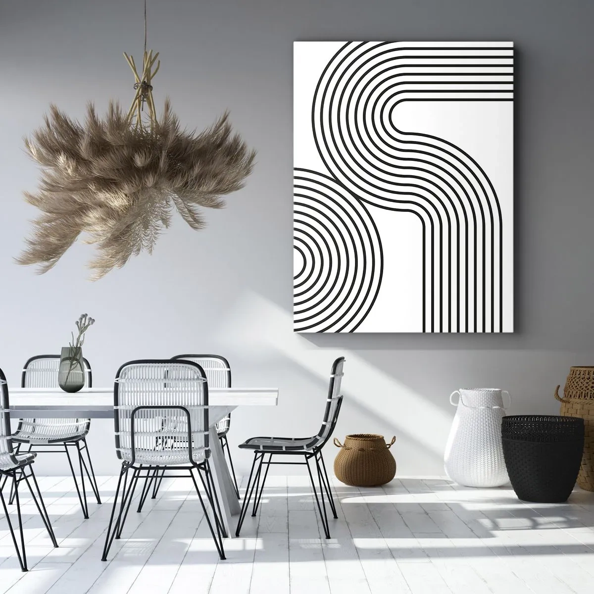 Bild auf Leinwand - Leinwandbild - Ein abstraktes Gemälde mit schwarzen Linien, die geometrische Muster auf weißem Hintergrund erzeugen. - 70x100cm - An der Kurve - Moderne Wanddekoration für Wohnzimmer und Schlafzimmer ARTTOR