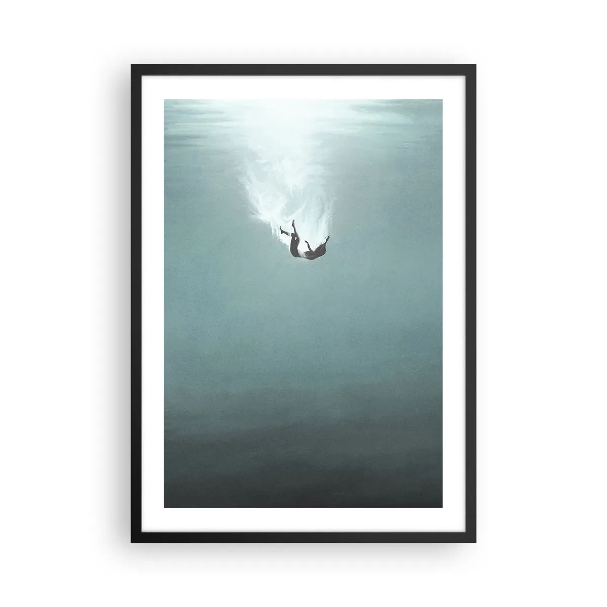 Poster in einem schwarzem Rahmen - Silhouette eines Mannes, der in die Tiefe des Wassers fällt - 50x70cm - In den Armen des Ozeans - Moderne Wanddekoration für Wohnzimmer und Schlafzimmer ARTTOR