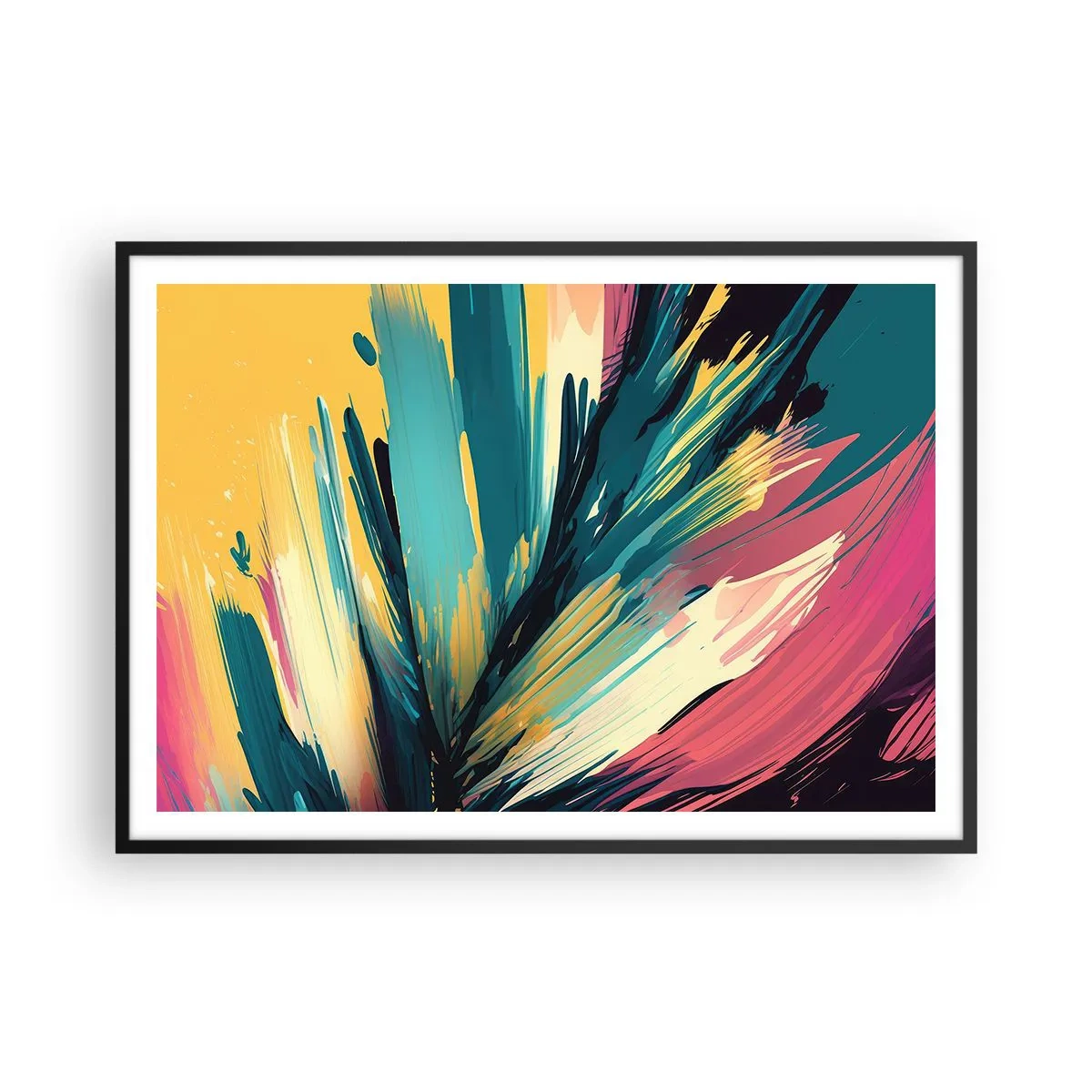 Poster in einem schwarzem Rahmen - Eine abstrakte Komposition in intensiven und kontrastreichen Farben. - 100x70cm - Komposition – eine Explosion der Freude - Moderne Wanddekoration für Wohnzimmer und Schlafzimmer ARTTOR