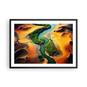 Poster in einem schwarzem Rahmen - Ein grüner Fluss, umgeben von goldenem Sand und Vegetation - 70x50cm - Lebensspendender Fluss - Moderne Wanddekoration für Wohnzimmer und Schlafzimmer ARTTOR