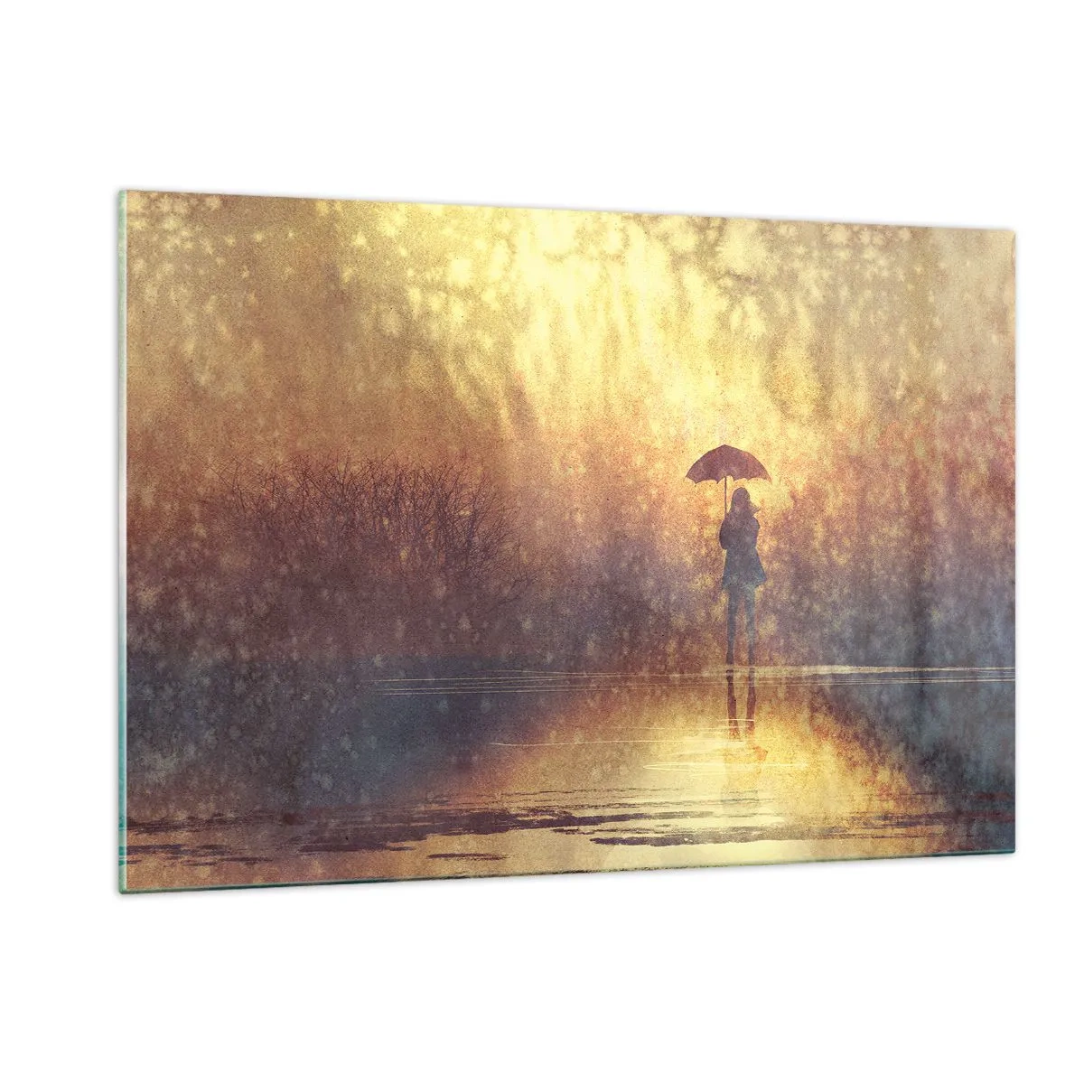 Glasbild - Bild auf glas - Eine Figur mit Regenschirm im Licht der untergehenden Sonne und des Regens - 120x80cm - Ich habe das Gefühl, dass mich jemand ansieht - Moderne Wanddekoration für Wohnzimmer und Schlafzimmer ARTTOR