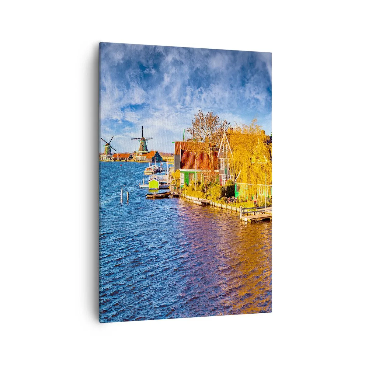 Bild auf Leinwand - Leinwandbild - Malerische Häuser und Windmühlen am Wasser - 70x100cm - Seit Jahrhunderten keine Veränderung - Moderne Wanddekoration für Wohnzimmer und Schlafzimmer ARTTOR