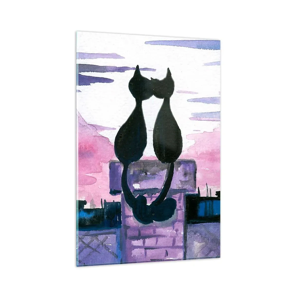 Glasbild - Bild auf glas - Schwarze Katzen auf einem Dach im Mondlicht in einer Aquarell-Kulisse - 80x120cm - Rendez-vous unter dem Mond - Moderne Wanddekoration für Wohnzimmer und Schlafzimmer ARTTOR