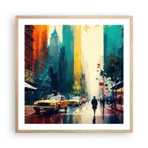 Poster in einem Rahmen aus heller Eiche - New York – selbst der Regen ist hier bunt - 60x60 cm