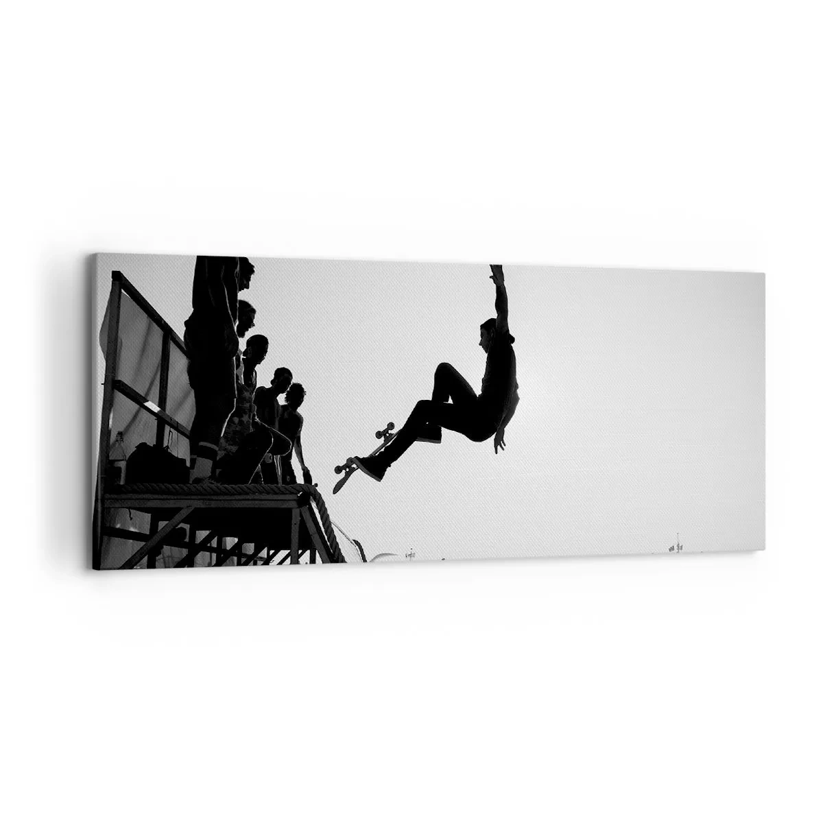 Bild auf Leinwand - Leinwandbild - Schwarz-weiße Skateboardszene auf einer Rampe - 120x50cm - Helden und Zuschauer - Moderne Wanddekoration für Wohnzimmer und Schlafzimmer ARTTOR