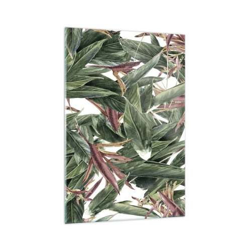 Glasbild - Bild auf glas - Ein dekoratives Blattmotiv in Grün- und Burgundertönen auf hellem Hintergrund - 70x100cm - Smaragd-lila Dickicht - Moderne Wanddekoration für Wohnzimmer und Schlafzimmer ARTTOR