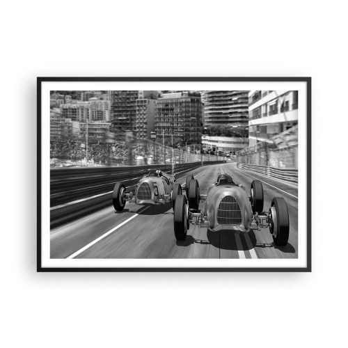 Poster in einem schwarzem Rahmen - Monochrome Retro-Autorennen-Szene - 100x70cm - Vor langer Zeit in Monte Carlo - Moderne Wanddekoration für Wohnzimmer und Schlafzimmer ARTTOR