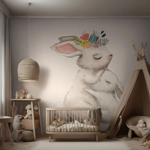 Maßgeschneiderte Fototapete Premium Canvas - Bei Mama ist's am schönsten - Für Kinder, Kaninchen, Mutter mit Kind