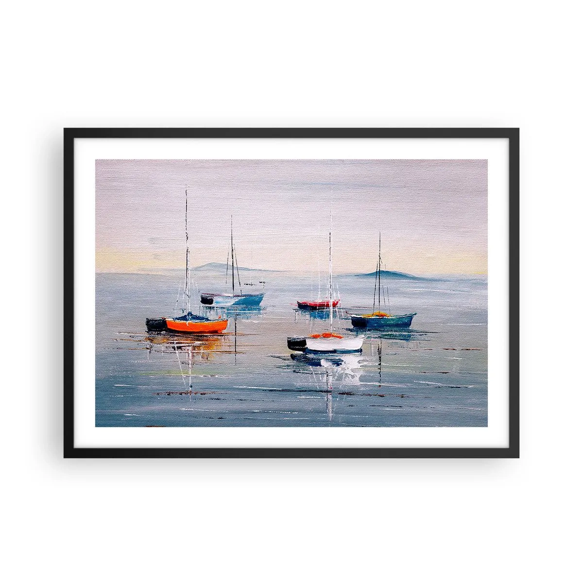 Poster in einem schwarzem Rahmen - Bunte Boote auf ruhigem Wasser - 70x50cm - Wohlverdiente Ruhe - Moderne Wanddekoration für Wohnzimmer und Schlafzimmer ARTTOR
