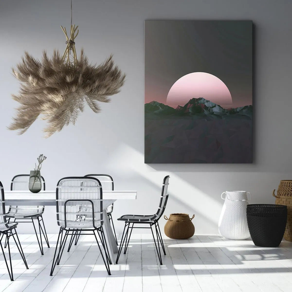 Bild auf Leinwand - Leinwandbild - Geometrische Berge mit der untergehenden Sonne im Hintergrund - 50x70cm - In einer Nachbargalaxie - Moderne Wanddekoration für Wohnzimmer und Schlafzimmer ARTTOR