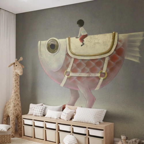 Selbstklebende Fototapete Deluxe Sticker - Reiter auf einem surrealen Fisch - Abstraktion, Fisch, Für Kinder - 450x315 cm