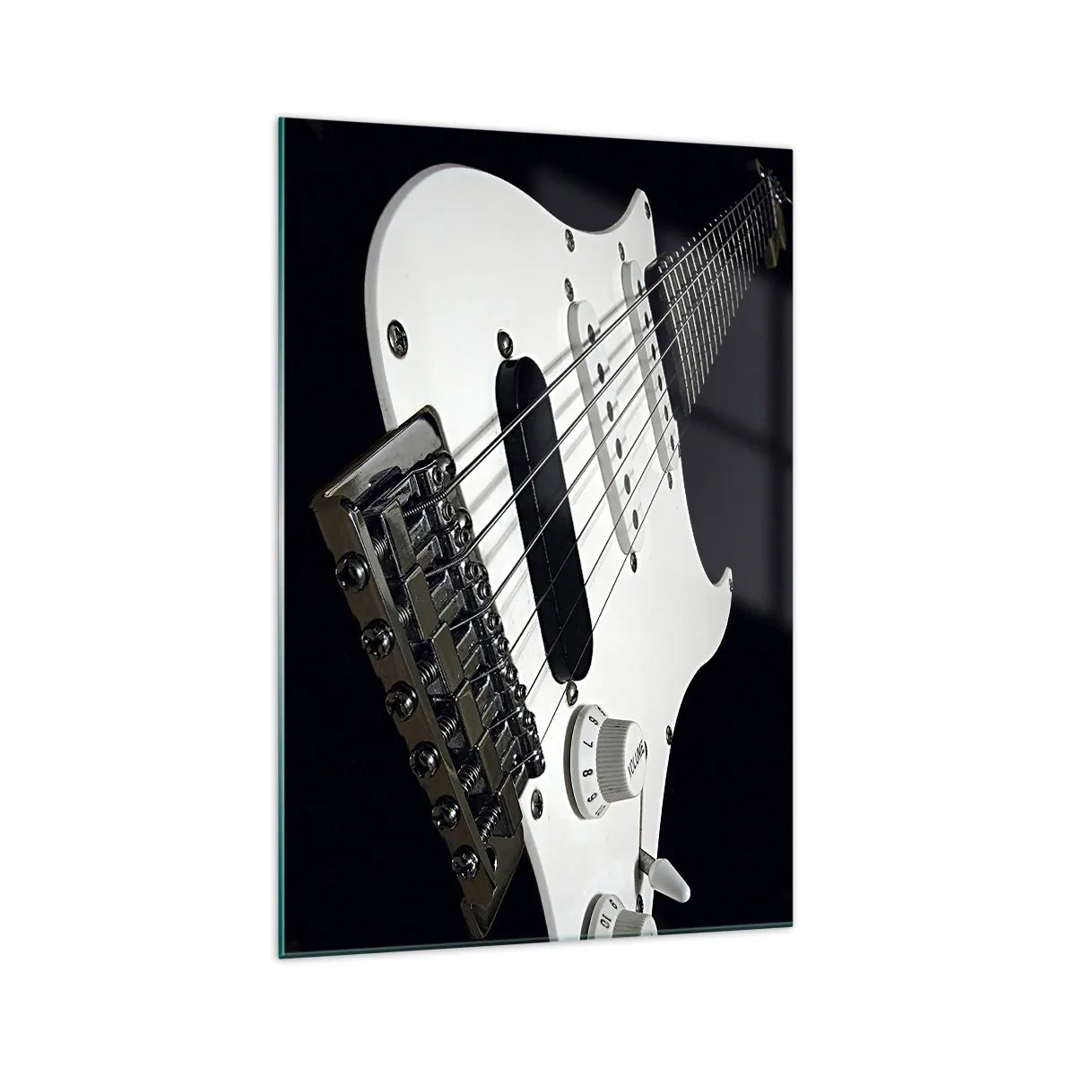 Glasbild - Bild auf glas - Nahaufnahme einer weißen E-Gitarre auf schwarzem Hintergrund. - 70x100cm - In Weiß versteckter Ton - Moderne Wanddekoration für Wohnzimmer und Schlafzimmer ARTTOR