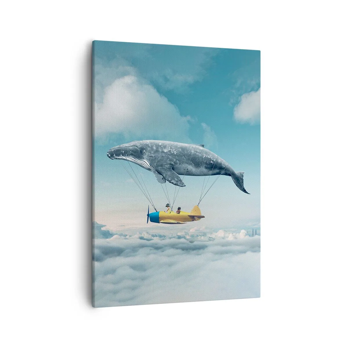 Bild auf Leinwand - Leinwandbild - Ein fliegender Wal trägt ein Flugzeug in einer surrealen Umgebung. - 50x70cm - Warum nicht? - Moderne Wanddekoration für Wohnzimmer und Schlafzimmer ARTTOR