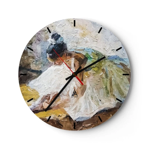 Wanduhr - Glasuhr - Eine Balletttänzerin in einem weißen Kleid, dargestellt im impressionistischen Stil. - 30x30cm - Aus einem Gemälde von Degas - Moderne Wanddekoration für Wohnzimmer, Küche und Schlafzimmer ARTTOR