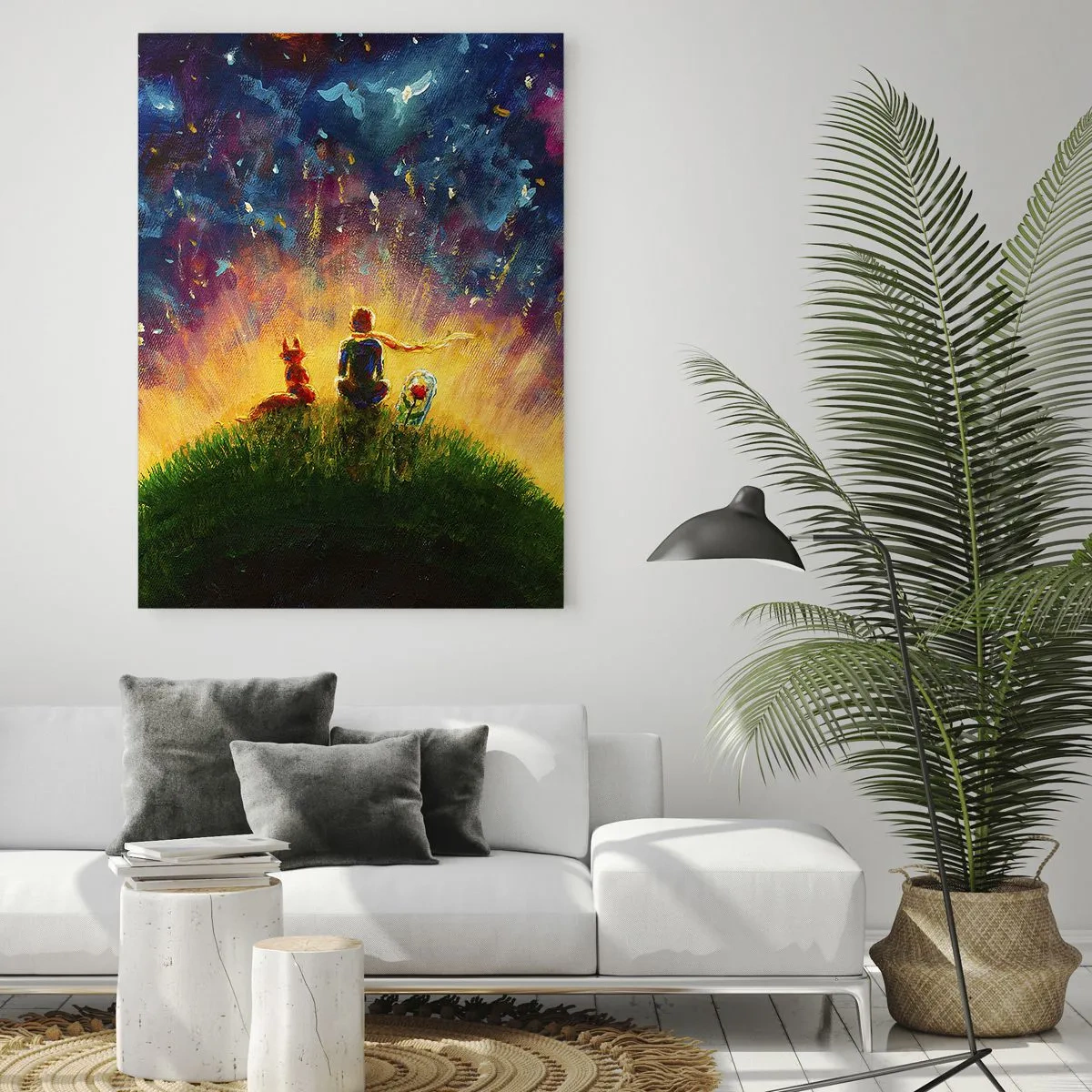 Glasbild - Bild auf glas - Figuren auf einem grünen Hügel, umgeben von einem Sternenhimmel - 80x120cm - Liebe und Freundschaft - die ganze Welt - Moderne Wanddekoration für Wohnzimmer und Schlafzimmer ARTTOR