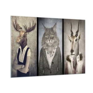 Glasbild - Bild auf glas - Drei surreale Tierporträts in eleganten menschlichen Kostümen. - 100x70cm - Pelze sind wieder in Mode - Moderne Wanddekoration für Wohnzimmer und Schlafzimmer ARTTOR