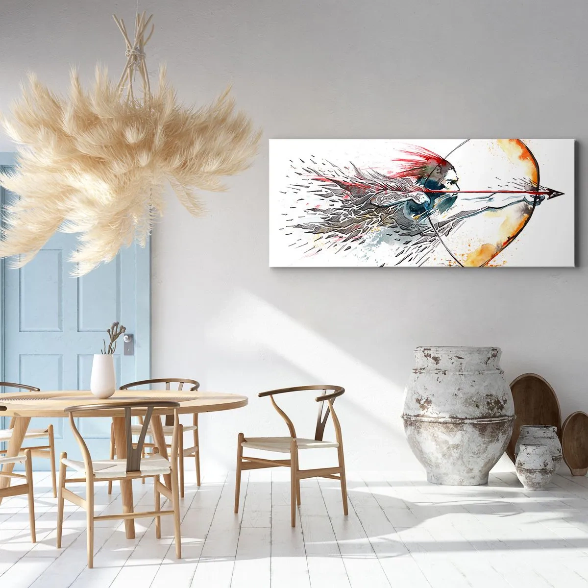 Bild auf Leinwand - Leinwandbild - Dynamisches Aquarell eines Kriegers mit Pfeil und Bogen - 140x50cm - Mythischer Krieger mit feurigem Bogen - Moderne Wanddekoration für Wohnzimmer und Schlafzimmer ARTTOR