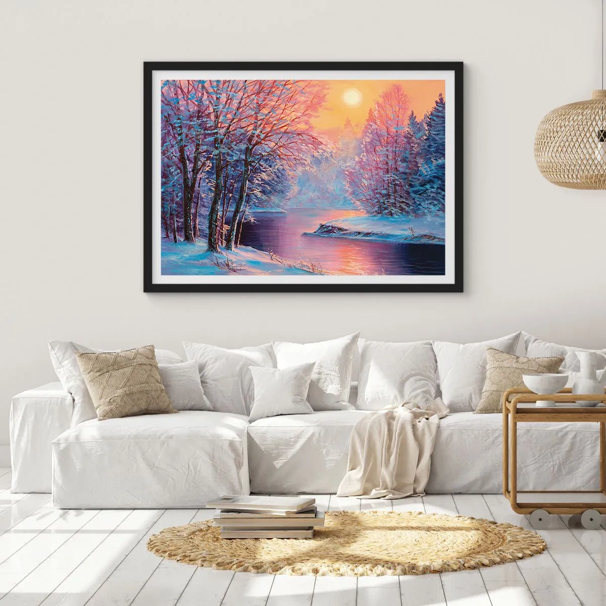Poster in einem schwarzem Rahmen - Winterlandschaft mit Fluss und Bäumen bei Sonnenaufgang - 100x70cm - Die Farben des Winters - Moderne Wanddekoration für Wohnzimmer und Schlafzimmer ARTTOR
