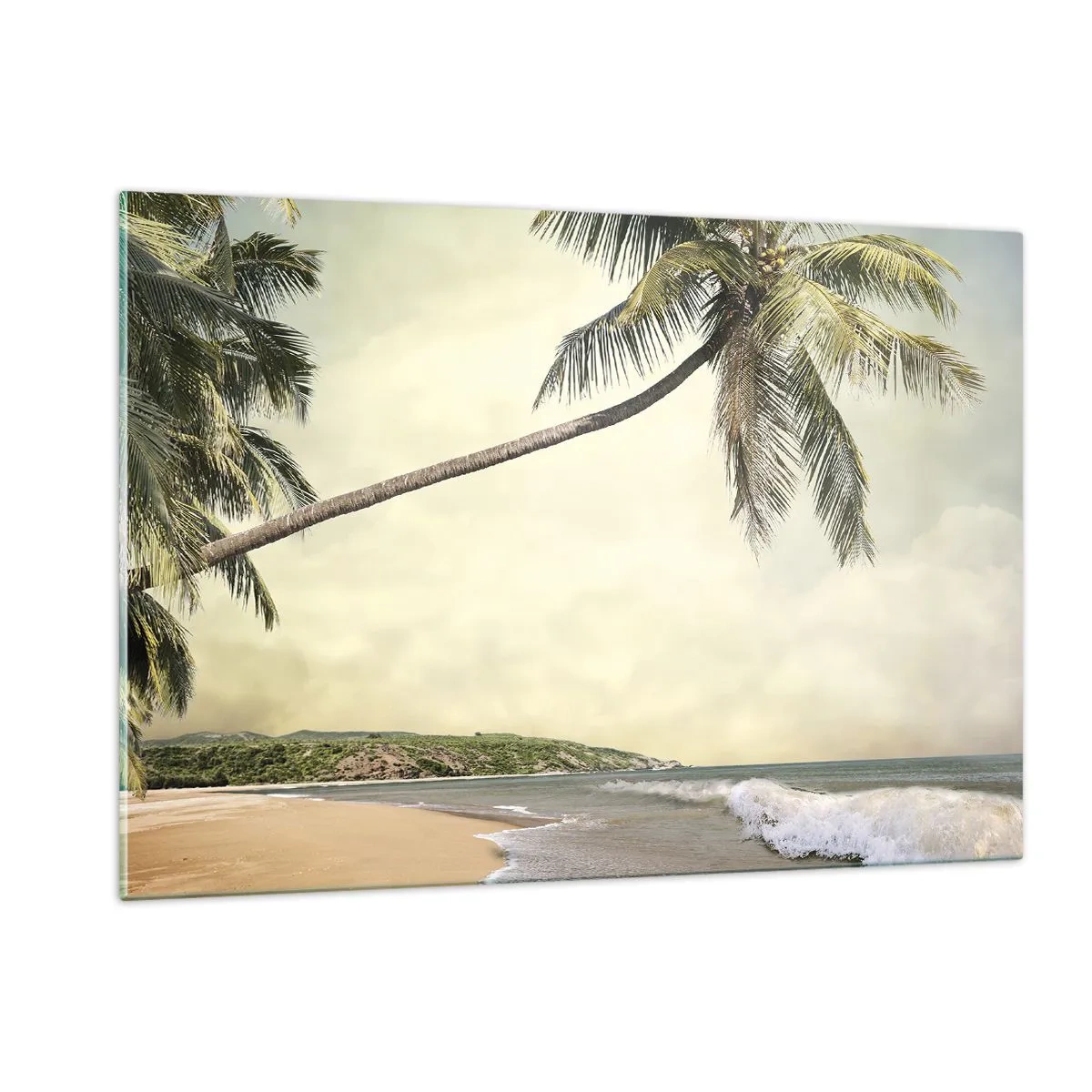 Glasbild - Bild auf glas - Tropischer Strand mit Palmen und Wellen - 120x80cm - Tropischer Traum - Moderne Wanddekoration für Wohnzimmer und Schlafzimmer ARTTOR