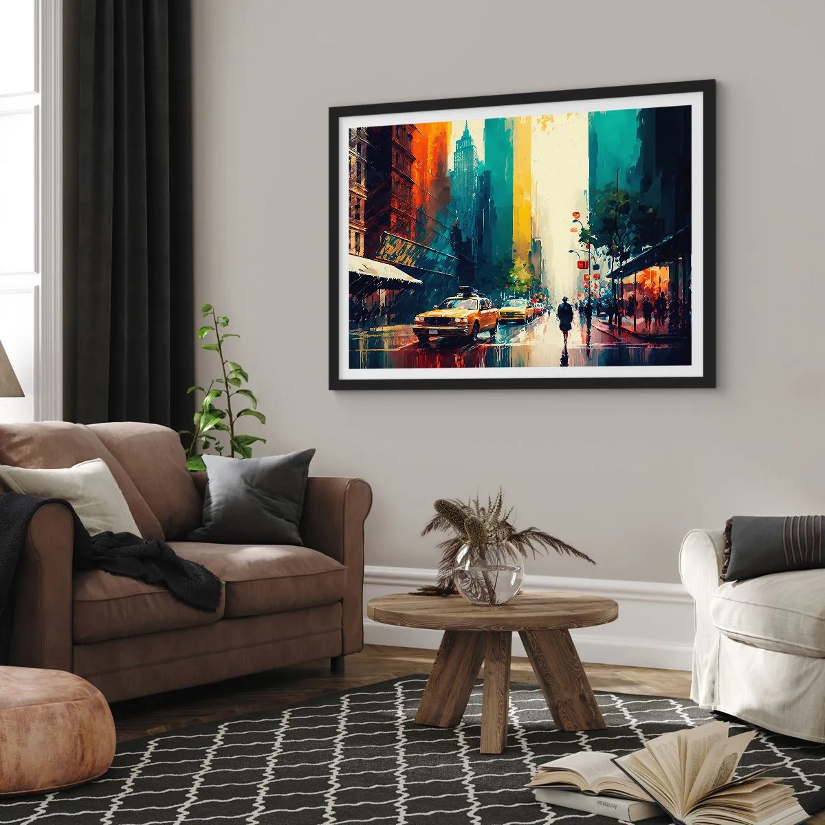 Poster in einem schwarzem Rahmen - Eine geschäftige Stadt mit Taxis und Passanten - 70x50cm - New York – selbst der Regen ist hier bunt - Moderne Wanddekoration für Wohnzimmer und Schlafzimmer ARTTOR