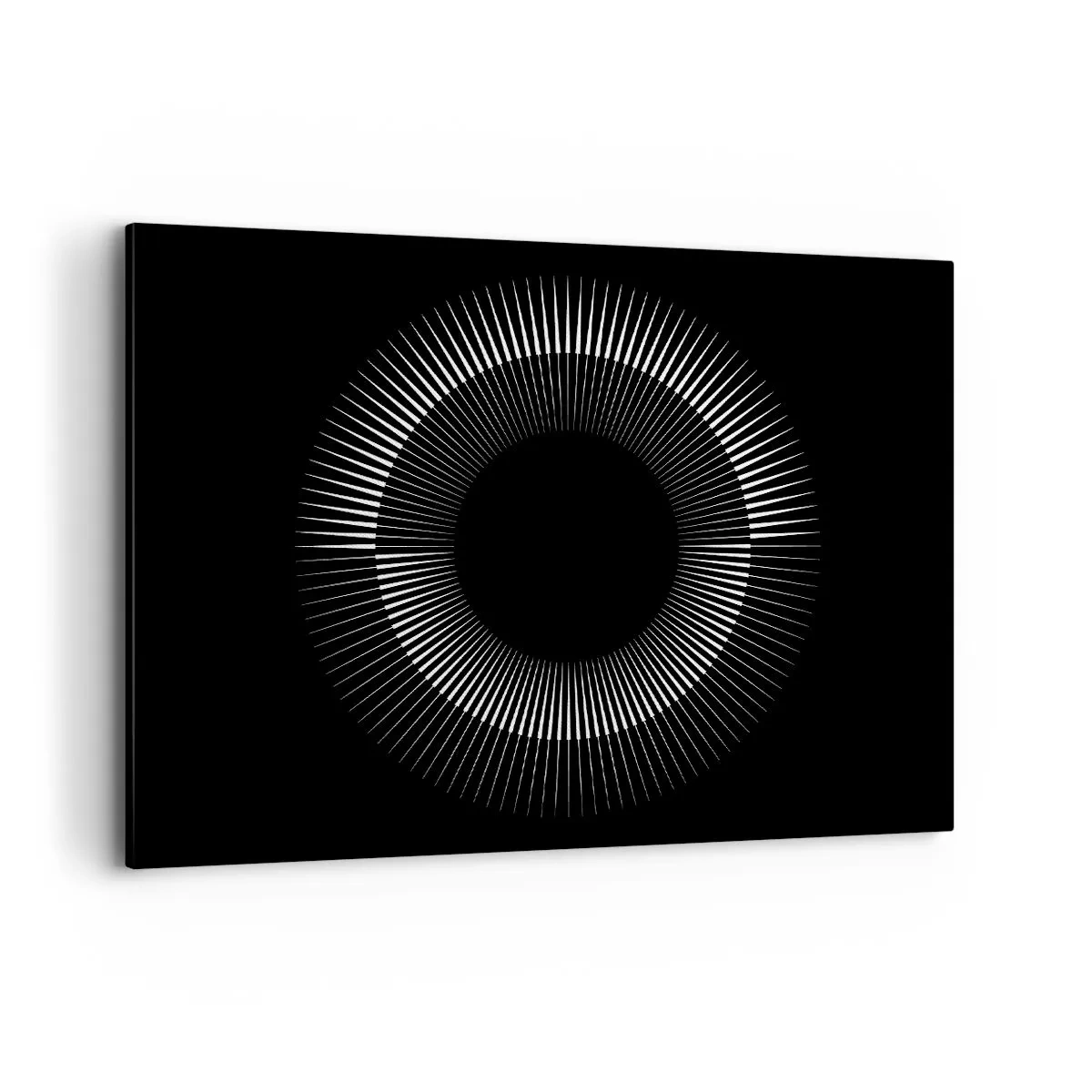 Bild auf Leinwand - Leinwandbild - Grafischer Kreis mit Strahlen in Schwarz und Weiß - 100x70cm - Schwarze Sonne - Moderne Wanddekoration für Wohnzimmer und Schlafzimmer ARTTOR