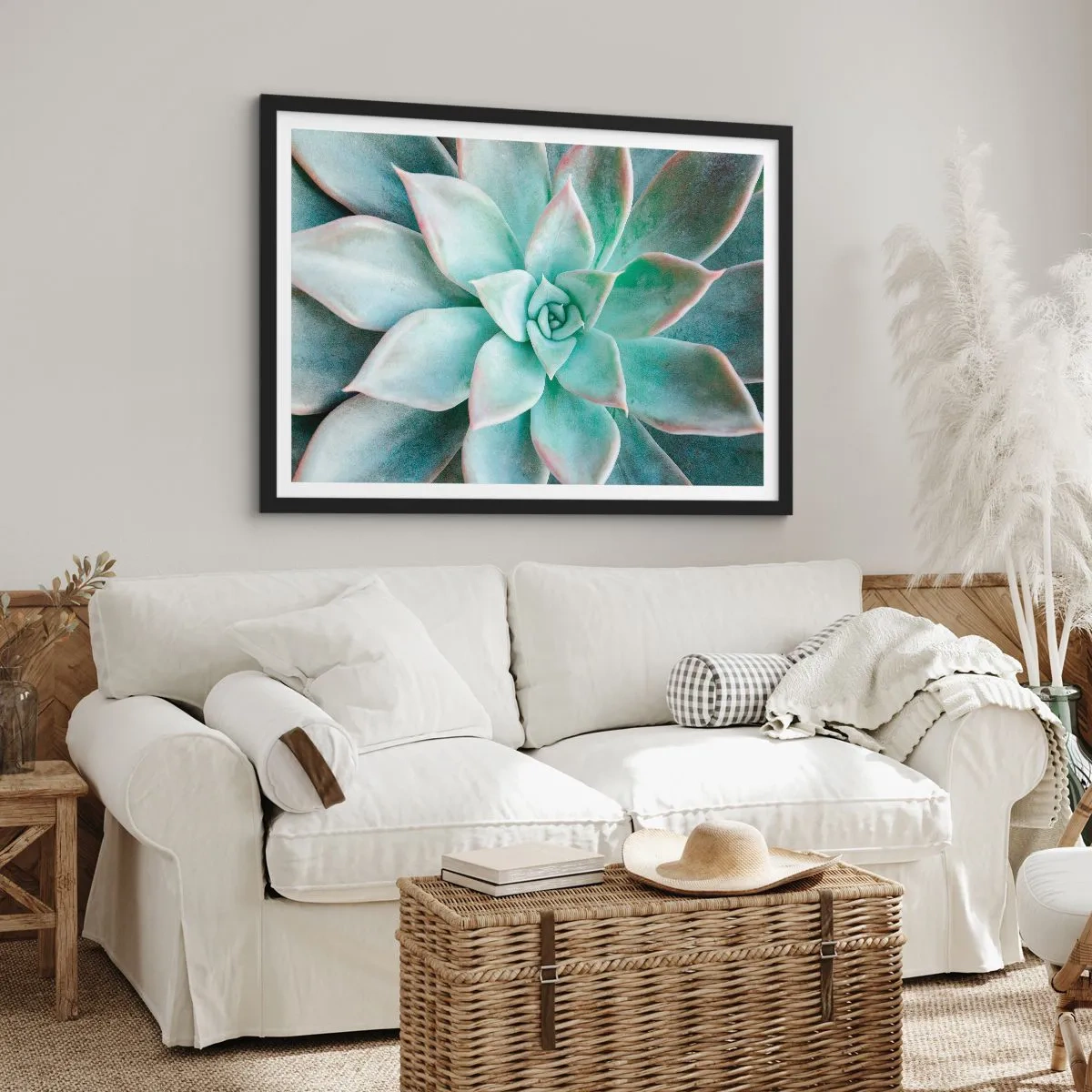 Poster in einem schwarzem Rahmen - Nahaufnahme einer grünen Sukkulente - 100x70cm - Das Herz der Wüste - Moderne Wanddekoration für Wohnzimmer und Schlafzimmer ARTTOR