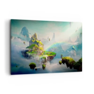 Bild auf Leinwand - Leinwandbild - Fliegende Inseln zwischen den Wolken mit einem Regenbogen am Horizont - 120x80cm - Mitten am Himmel - glückliche Inseln - Moderne Wanddekoration für Wohnzimmer und Schlafzimmer ARTTOR