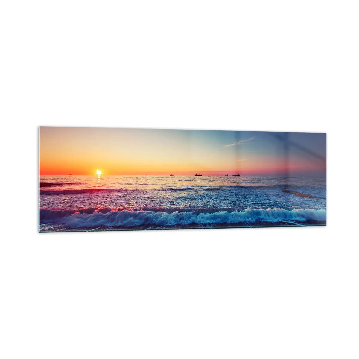 Glasbild - Bild auf glas - Sonnenuntergang über einem ruhigen Meer mit Wellen - 160x50cm - Was ist mit dem Horizont? - Moderne Wanddekoration für Wohnzimmer und Schlafzimmer ARTTOR