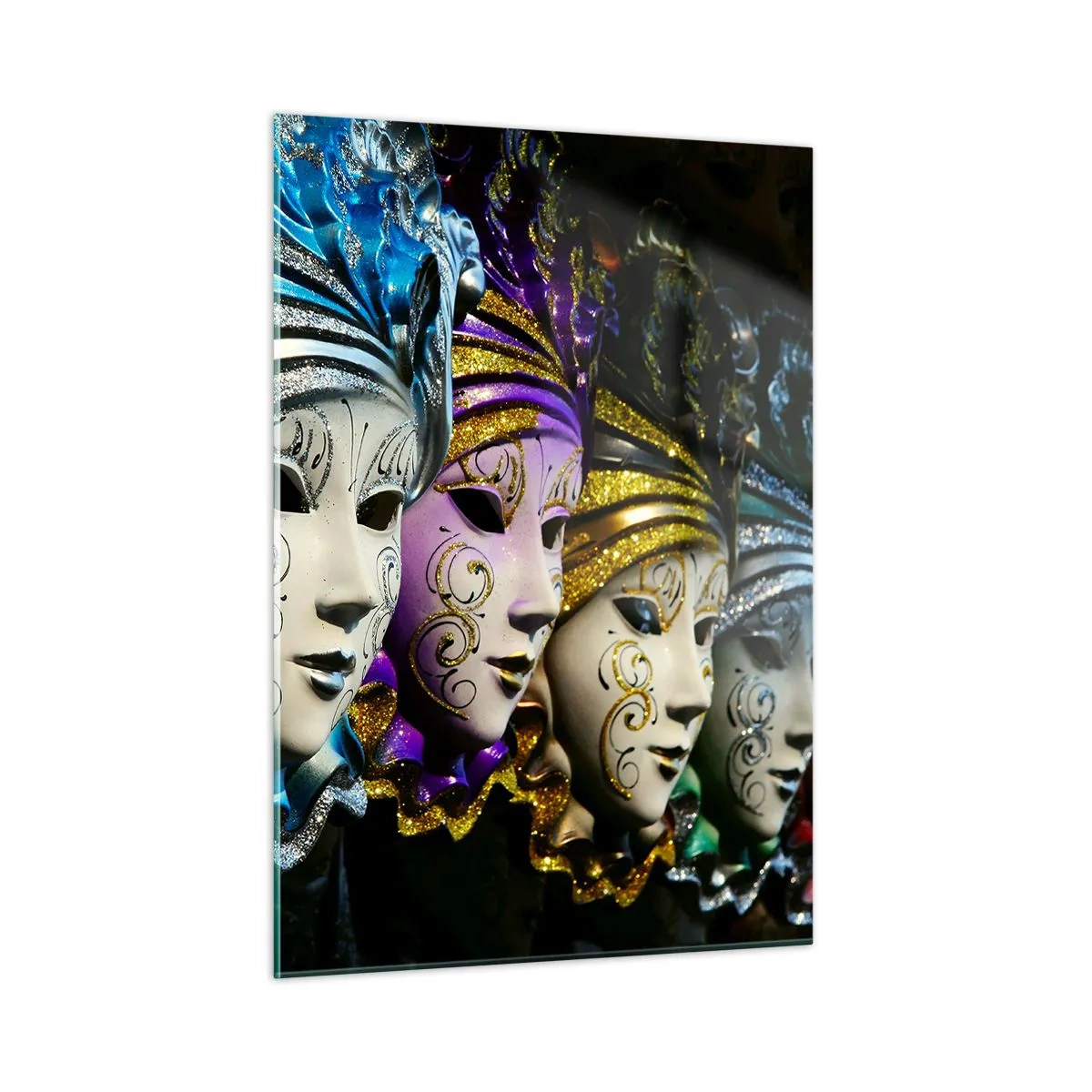 Glasbild - Bild auf glas - Bunte venezianische Masken in einer Reihe - 50x70cm - Geheimnis in Gold und Silber - Moderne Wanddekoration für Wohnzimmer und Schlafzimmer ARTTOR