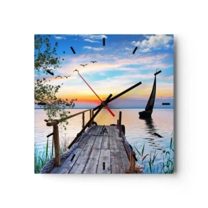 Wanduhr - Glasuhr - Seepier mit Boot und Sonnenuntergang - 30x30cm - Guten Abend - Moderne Wanddekoration für Wohnzimmer und Schlafzimmer ARTTOR