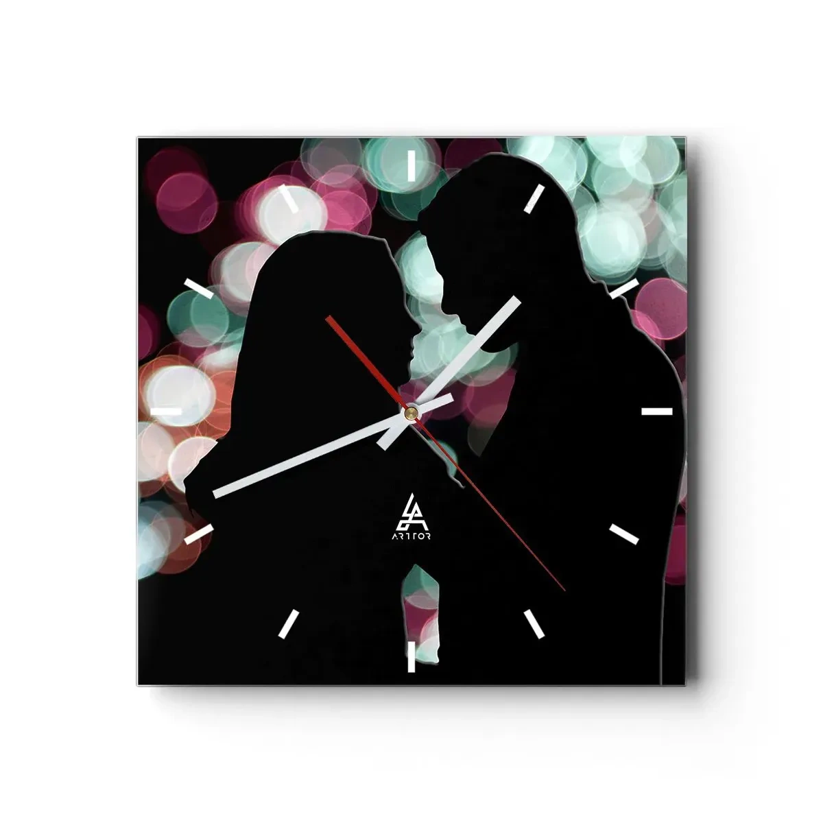 Wanduhr - Glasuhr - Silhouetten eines Paares vor dem Hintergrund bunter Bokeh-Lichter - 30x30cm - Jawohl! - Moderne Wanddekoration für Wohnzimmer und Schlafzimmer ARTTOR