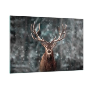 Glasbild - Bild auf glas - Ein stolzer Hirsch in einem Winterwald inmitten fallenden Schnees - 120x80cm - Gekrönter König des Waldes - Moderne Wanddekoration für Wohnzimmer und Schlafzimmer ARTTOR