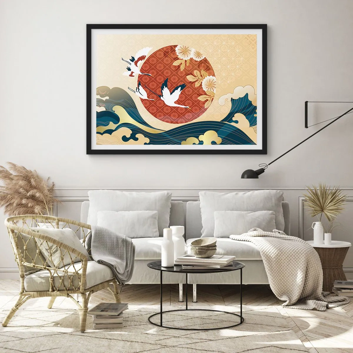 Poster in einem schwarzem Rahmen - Japanische Komposition mit Kranichen und Wellen - 70x50cm - Japanisches Märchen - Moderne Wanddekoration für Wohnzimmer und Schlafzimmer ARTTOR