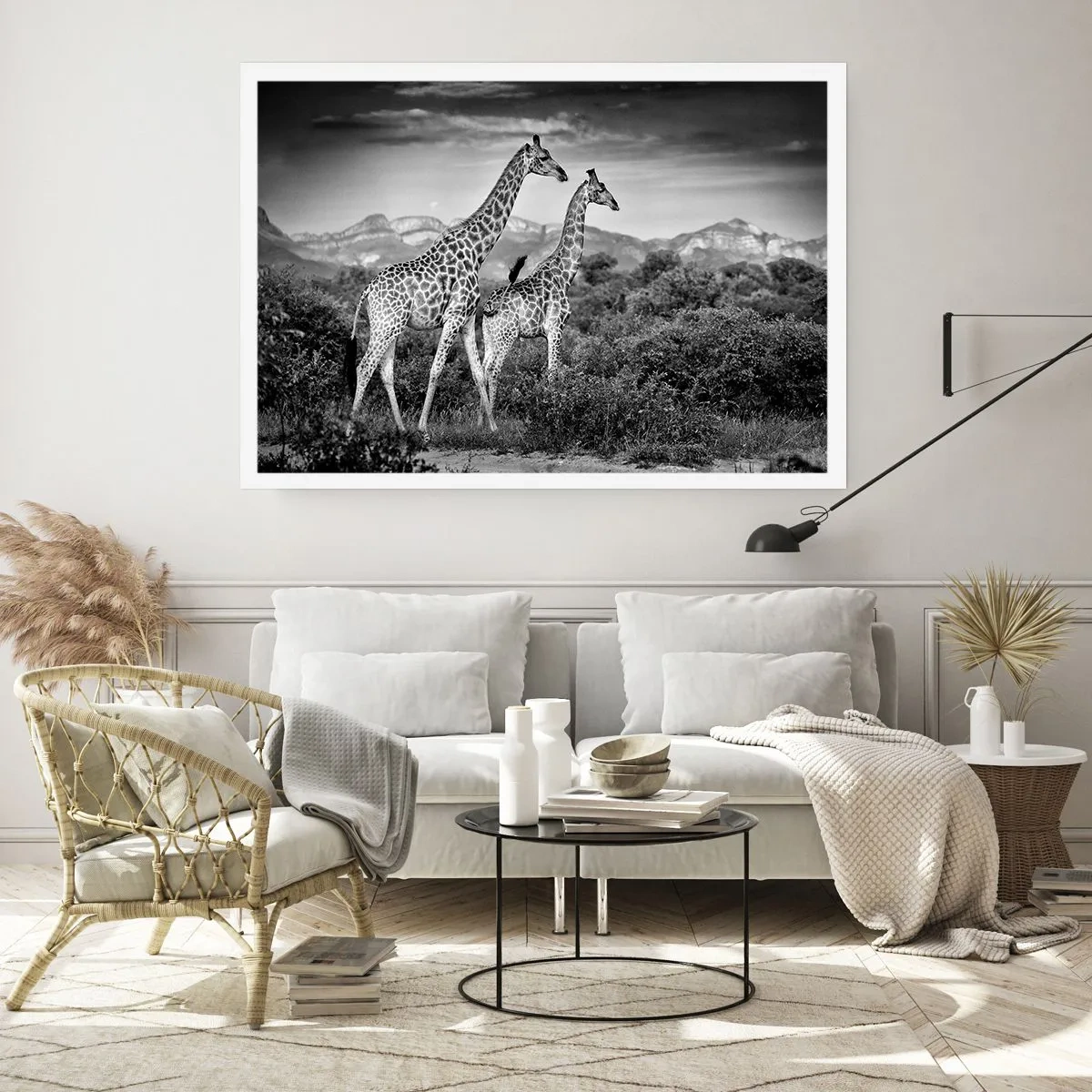 Poster - Schwarz-weiße Silhouetten zweier Giraffen in der Savanne - 100x70cm - Hohe Sphären in Afrika - Moderne Wanddekoration für Wohnzimmer und Schlafzimmer ARTTOR