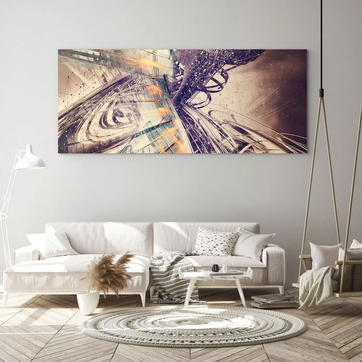 Glasbild - Bild auf glas - Dynamische Abstraktion in Beige- und Lilatönen - 140x50cm - In großer Eile - Moderne Wanddekoration für Wohnzimmer und Schlafzimmer ARTTOR