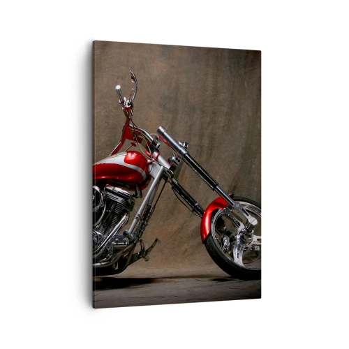 Bild auf Leinwand - Leinwandbild - Rotes Custom-Motorrad vor braunem Stoffhintergrund - 50x70cm - Rote und silberne Schönheit - Moderne Wanddekoration für Wohnzimmer und Schlafzimmer ARTTOR