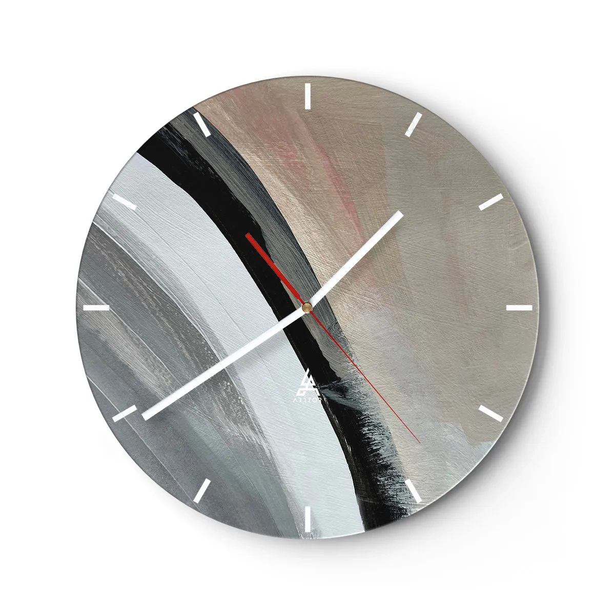 Wanduhr - Glasuhr - Abstrakte Komposition mit schwarzem Bogen und Grautönen - 30x30cm - Komposition: Bogen aus Schwarz und Grau - Moderne Wanddekoration für Wohnzimmer, Küche und Schlafzimmer ARTTOR