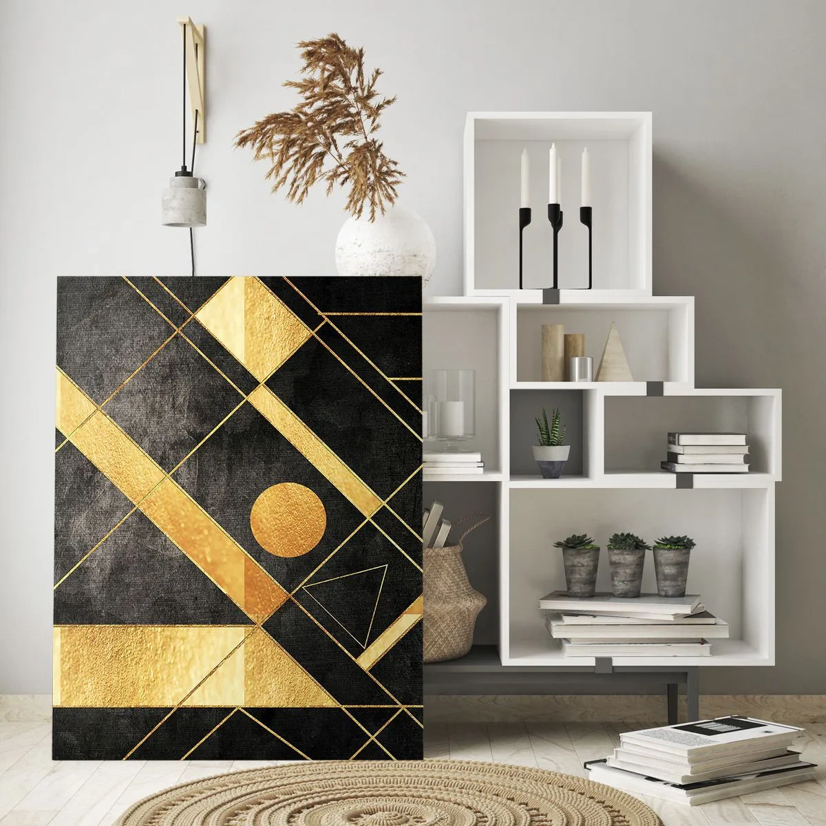 Glasbild - Bild auf glas - Geometrische Formen in Gold- und Schwarztönen - 80x120cm - Die Sonne der Wüste - Moderne Wanddekoration für Wohnzimmer und Schlafzimmer ARTTOR