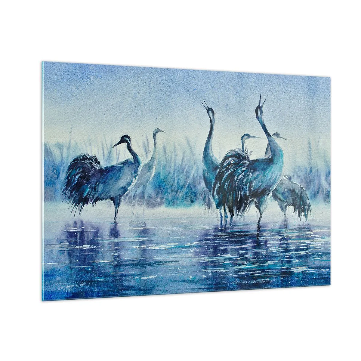 Glasbild - Bild auf glas - Vögel waten im blauen Wasser - 100x70cm - Morgentliches Treffen - Moderne Wanddekoration für Wohnzimmer und Schlafzimmer ARTTOR