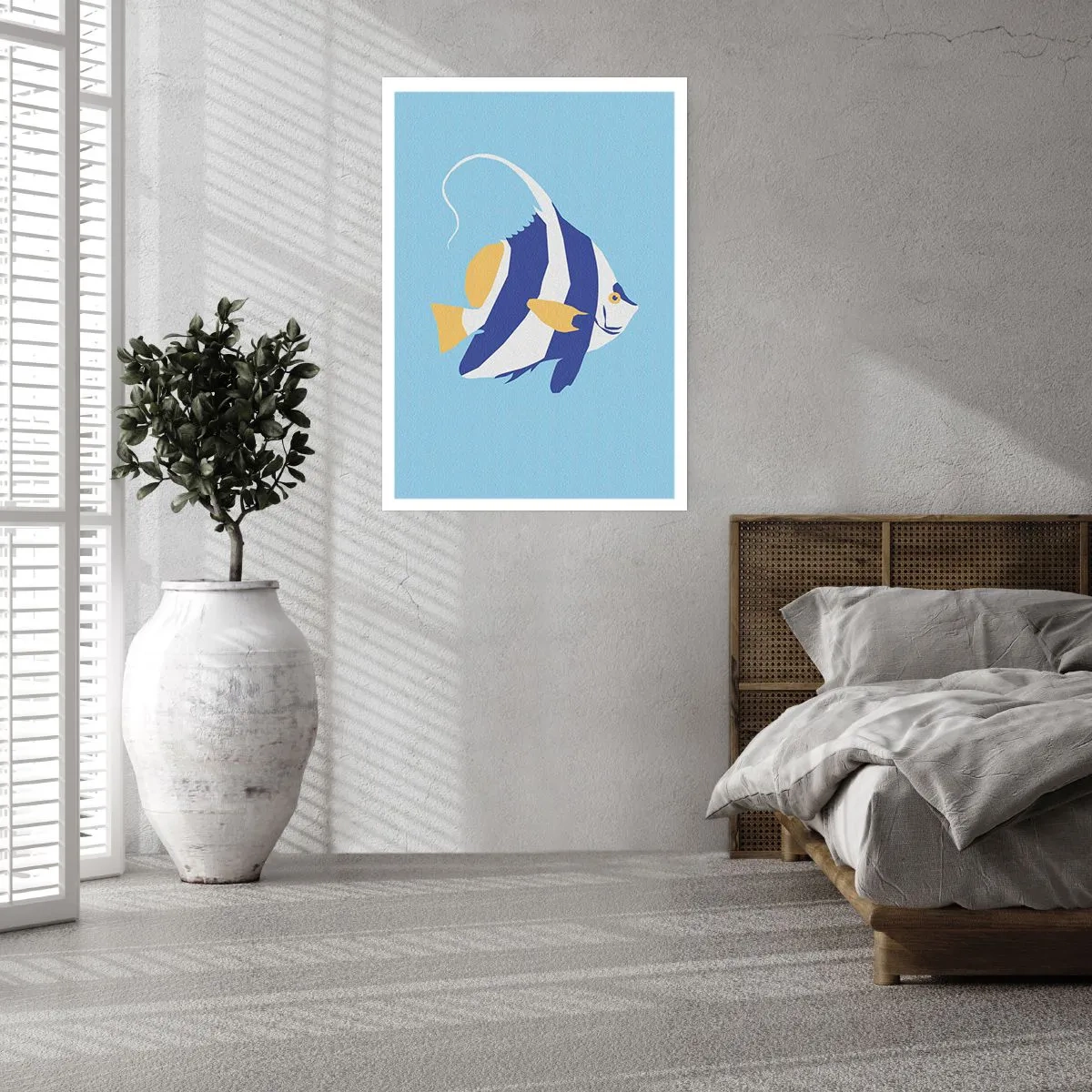 Poster - Eine minimalistische Grafik eines exotischen Fisches auf blauem Hintergrund. - 50x70cm - Vermisse tropische Gewässer - Moderne Wanddekoration für Wohnzimmer und Schlafzimmer ARTTOR