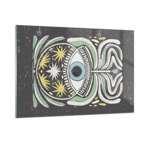 Glasbild - Bild auf glas - Grafisches Auge mit Stammesornamentik auf dunklem Hintergrund - 120x80cm - Stammesrituale - Moderne Wanddekoration für Wohnzimmer und Schlafzimmer ARTTOR