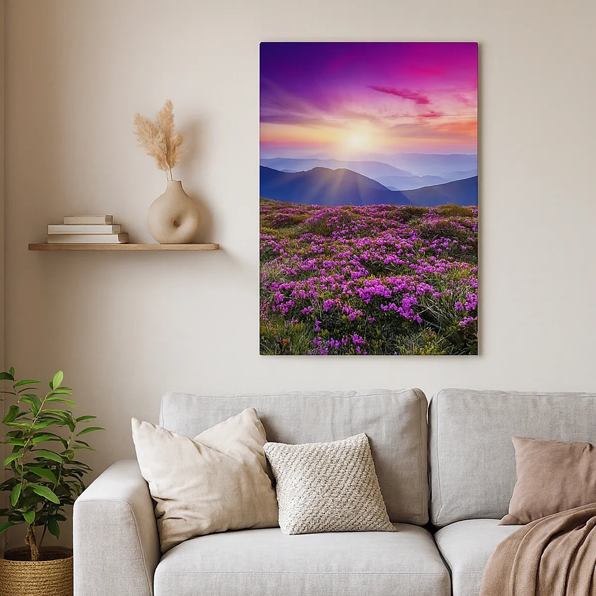 Bild auf Leinwand - Leinwandbild - Bergwiese mit Blumen bei Sonnenuntergang - 50x70cm - Kräuter dufteten nach frischen Trauben von den Feldern - Moderne Wanddekoration für Wohnzimmer und Schlafzimmer ARTTOR