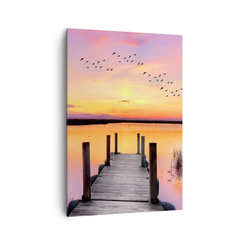 Bild auf Leinwand - Leinwandbild - Ein Pier an einem See bei Sonnenuntergang mit Vögeln am Himmel - 70x100cm - Violette stille Morgendämmerung - Moderne Wanddekoration für Wohnzimmer und Schlafzimmer ARTTOR