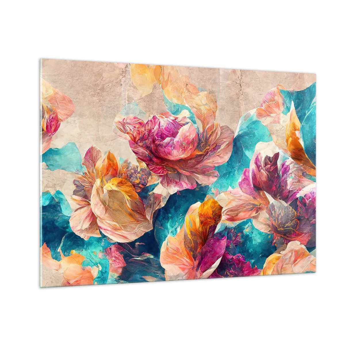 Glasbild - Bild auf glas - Bunte Blumen vor einem Aquarellhintergrund - 100x70cm - Farbenpracht des Straußes - Moderne Wanddekoration für Wohnzimmer und Schlafzimmer ARTTOR