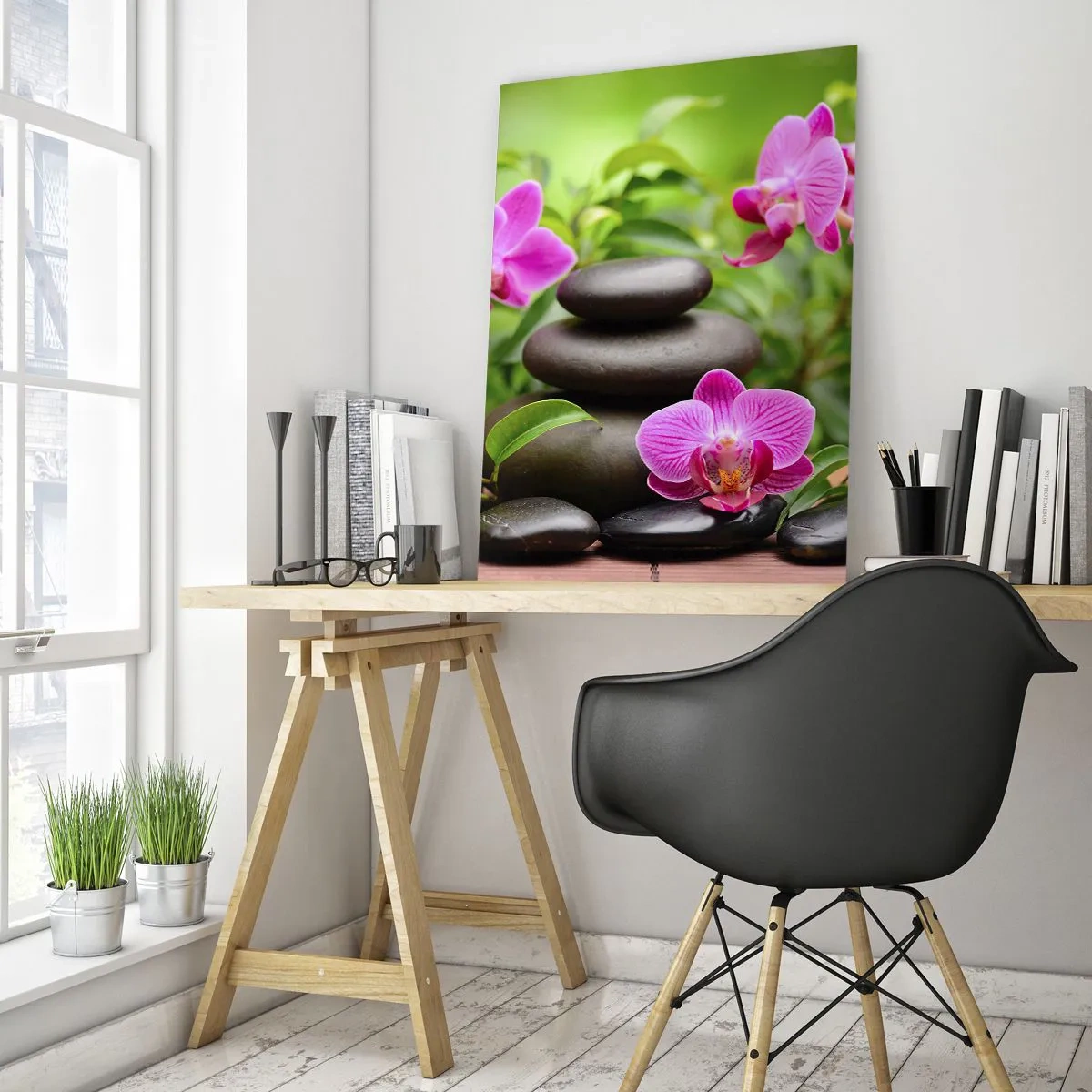 Glasbild - Bild auf glas - Rosa Orchideen mit Steinen auf grünem Hintergrund - 70x100cm - Die Pyramide des Friedens - Moderne Wanddekoration für Wohnzimmer und Schlafzimmer ARTTOR