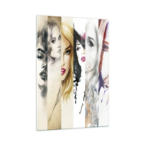 Glasbild - Bild auf glas - Eine Collage aus Frauenporträts in verschiedenen künstlerischen Stilen. - 50x70cm - Und es ist immer DU - Moderne Wanddekoration für Wohnzimmer und Schlafzimmer ARTTOR