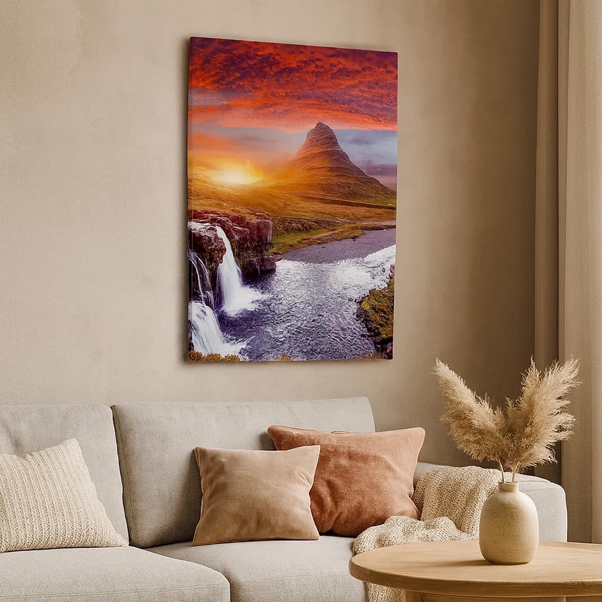 Bild auf Leinwand - Leinwandbild - Berglandschaft mit Wasserfall bei Sonnenuntergang - 50x70cm - Ein Blick auf Mittelerde - Moderne Wanddekoration für Wohnzimmer und Schlafzimmer ARTTOR