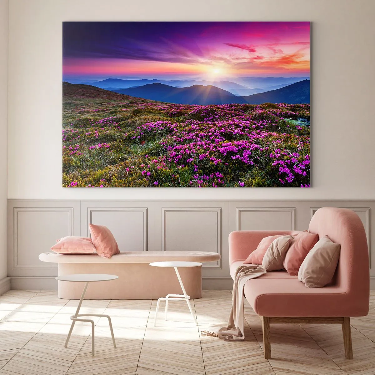 Glasbild - Bild auf glas - Berglandschaft mit Heide bei Sonnenuntergang - 100x70cm - Kräuter dufteten nach frischen Trauben von den Feldern - Moderne Wanddekoration für Wohnzimmer und Schlafzimmer ARTTOR
