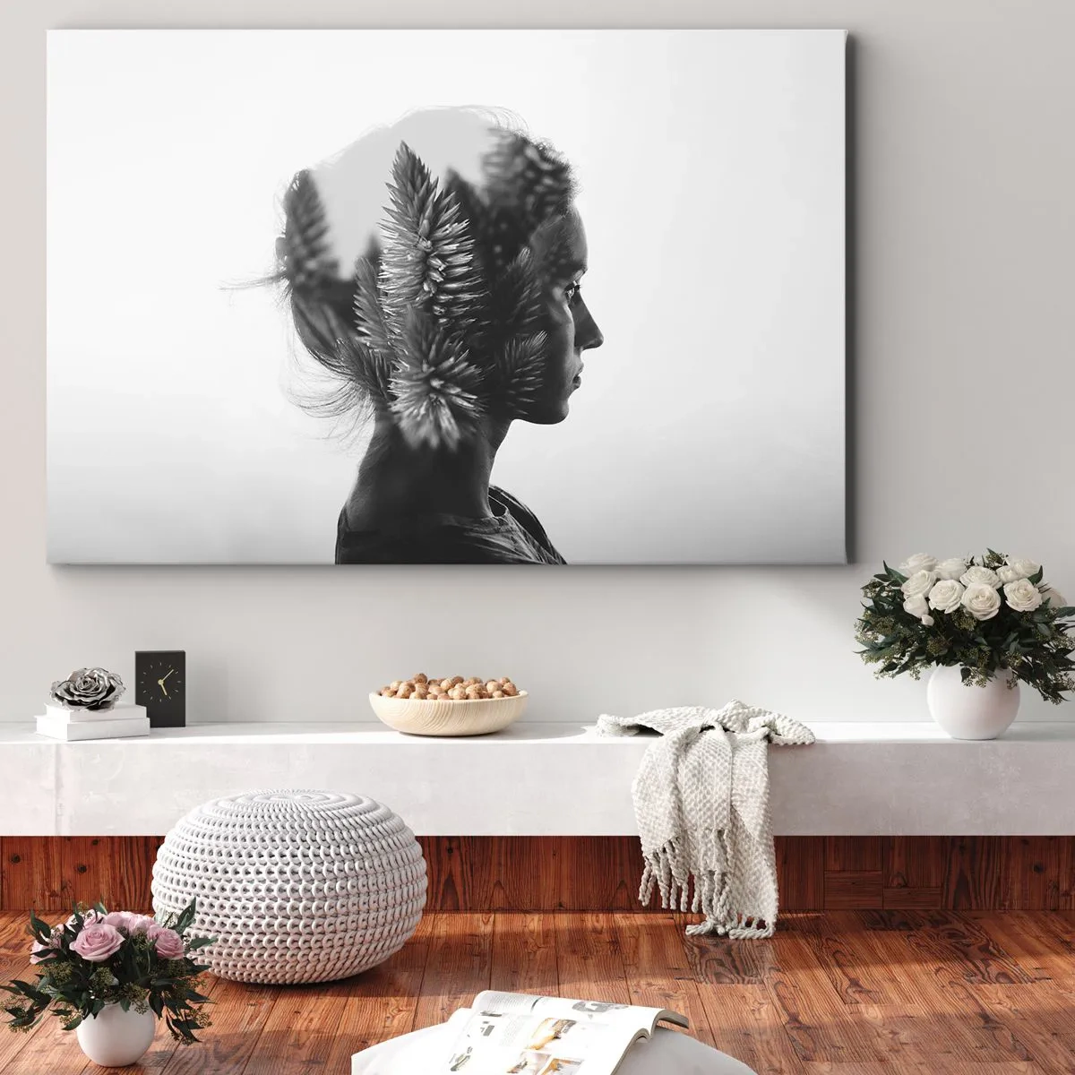 Bild auf Leinwand - Leinwandbild - Ein subtiles Porträt mit Elementen der Natur - 100x70cm - Dame des Kiefernwaldes - Moderne Wanddekoration für Wohnzimmer und Schlafzimmer ARTTOR