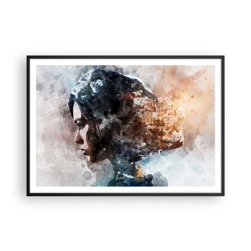 Poster in einem schwarzem Rahmen - Porträt einer Frau, die ihr Gesicht mit einer Stadtlandschaft im Hintergrund kombiniert - 100x70cm - Eine Geschichte über ein Mädchen mit einer Stadt im Hintergrund - Moderne Wanddekoration für Wohnzimmer und Schlafzimme